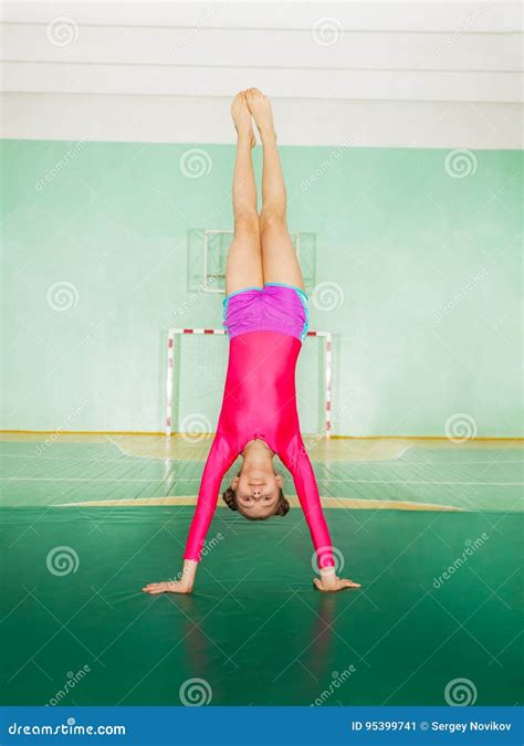 Sporty Girl Doing Handstand In School Gymnasium Stock Image Image Of