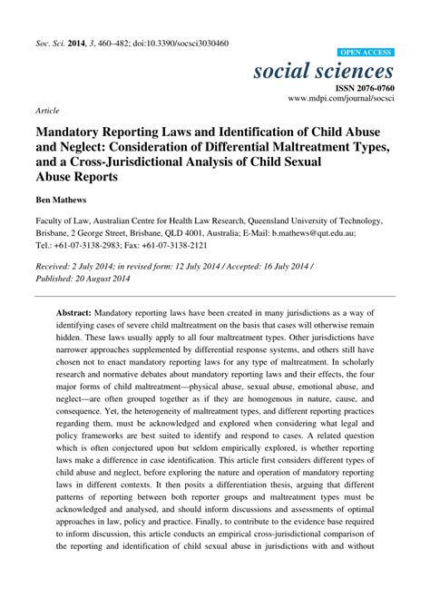 Child abuse is an insidious type of crime where the victims are, for many reasons unable to, or are fearful of confronting or reporting the perpetrator to authorities. (PDF) Mandatory Reporting Laws and Identification of Child ...