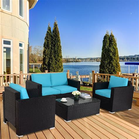 Gymax 4pc Rattan Patio Furniture Set Outdoor Rattan Wicker With Blue