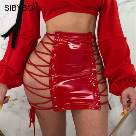 sibybo double lace up skirts womens club summer high waist slim party mini skirt sexy hollow out