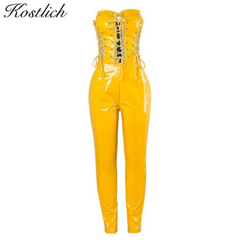 Kostlich Pu Leather Jumpsuit Women Strapless Lace Up Hollow Out Sexy Rompers Womens Jumpsuit