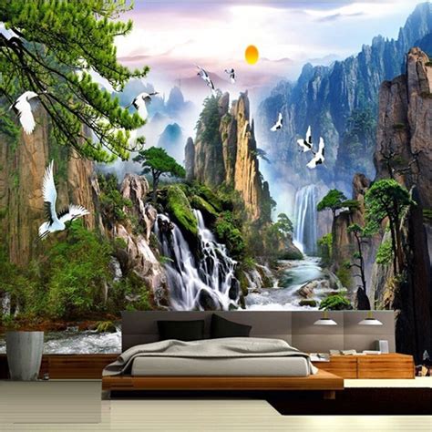 Chinese Style Landscape Paintings Wall Mural Sunrise Mountain
