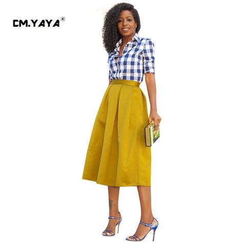 cmyaya 2016 new women casual summer yellow mid waist a line midi skirt at our web shop