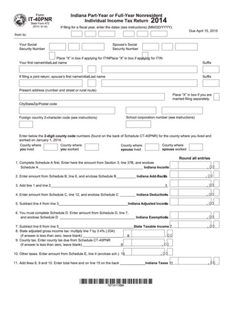 Fillable Form It 40pnr Indiana Part Year Or Full Year Nonresident