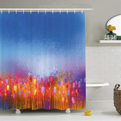 Watercolor Flower Home Decor Shower Curtain Tulip Garden Under Blue Sky