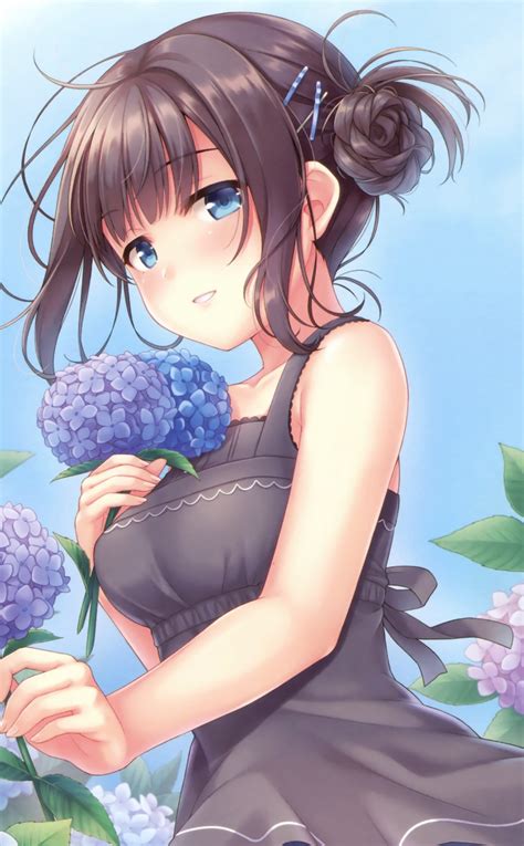 Download Wallpaper 950x1534 Flowers Blue Cute Anime Girl Iphone