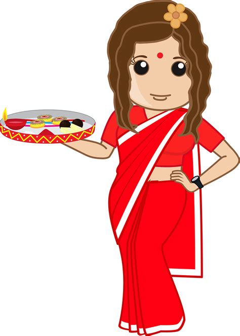 Cartoon Indian Girl Girl In Traditional Saree Girl With Rakhi Plate Png