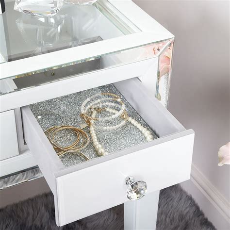 Madison White Glass And Mirrored Trim Clear Top 3 Drawer Dressing Table