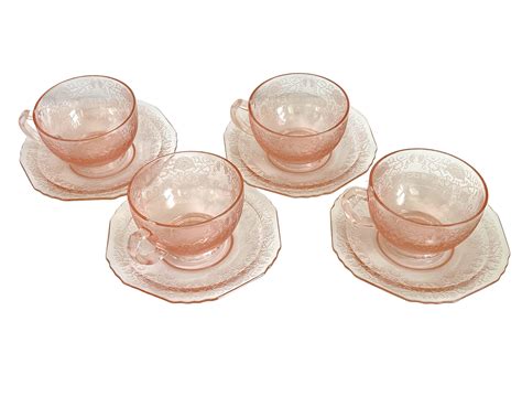 4 Hazel Atlas Florentine Pink Depression Glass Footed Cups Saucers Ca