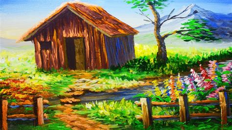 Acrylic Landscape Painting Lesson Barn House With River And Flowering