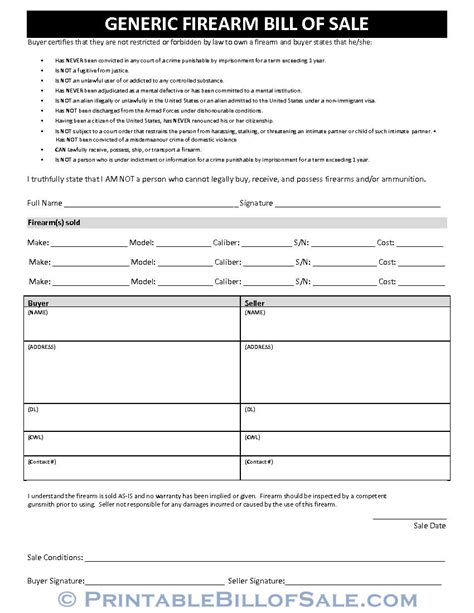 Free Generic Firearm Bill Of Sale Form Download Pdf Word Template