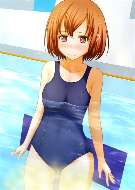 rule 34 blush large breasts nervous omorashi one piece swimsuit peeing peeing in pool peeing