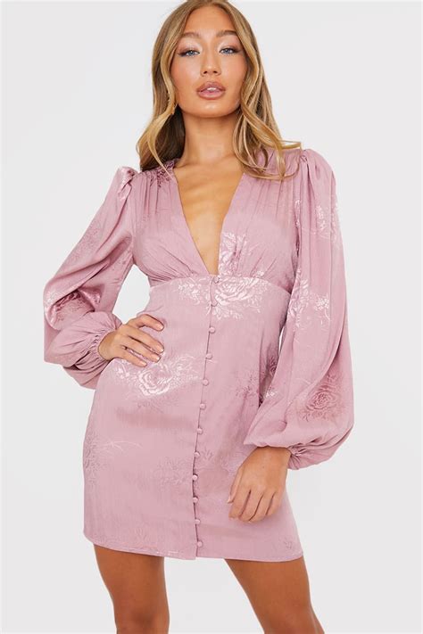 Pink Jacquard Balloon Sleeve Mini Dress In The Style