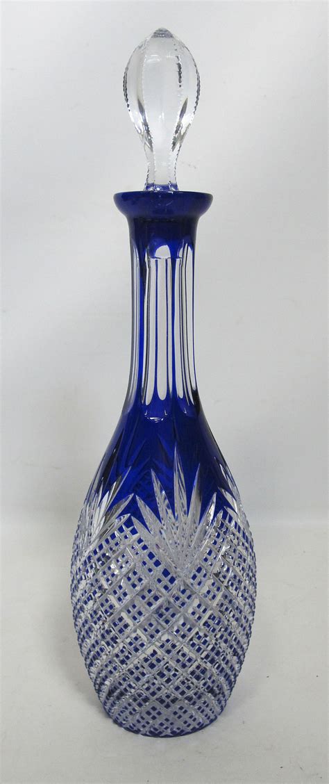 Vintage Czech Bohemian Rexxford Crystal Cut Clear Cobalt Art Glass Decanter Yqz