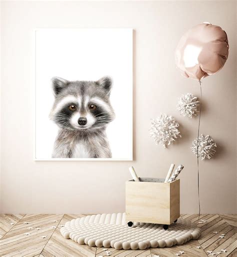 Raccoon Print Woodland Baby Animals Nursery Animal Print Cute Etsy