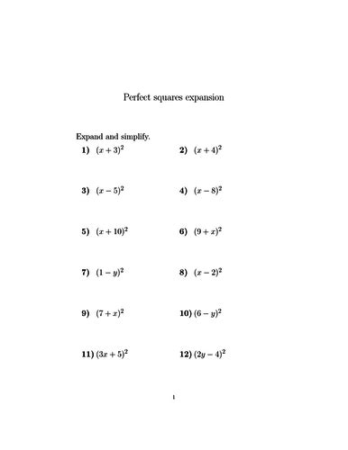 Perfect Squares Expansion Worksheet With Solutions Teaching Resources