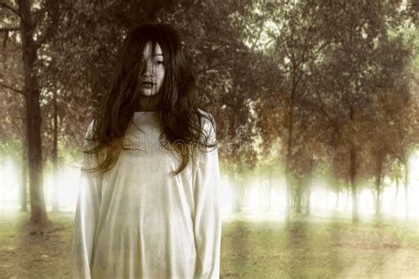 Scary Ghost Woman Standing With Haunted Forest Background Stock Image Image Of Person