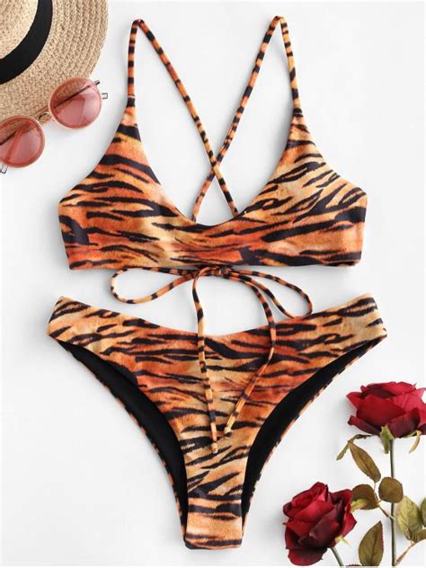 Off Zaful Tiger Print Lace Up Reversible Bikini Swimsuit In