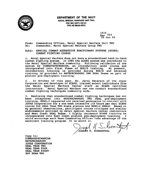 Administration letter from board president. SCARS - Navy Special Warfare Official Letter