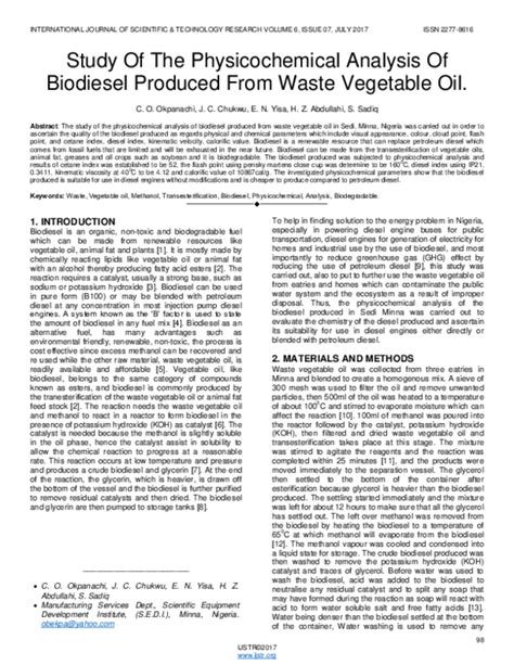 Pdf Study Of The Physicochemical Analysis Of Biodiesel Produced From