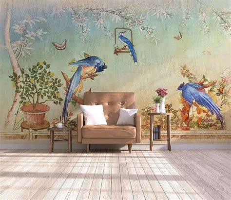 Murwall Chinoiserie Chinese Birds Wall Mural Vintage Floral Wall Murals
