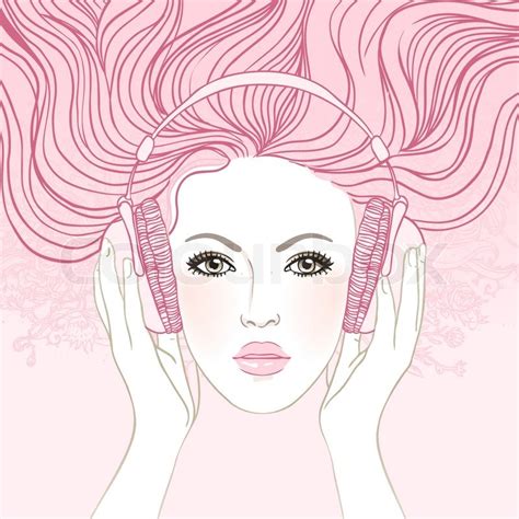 Illustration Of Dreaming Beautiful Girl Listening Music In Headphones