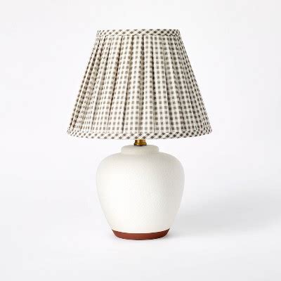 Ceramic Table Lamp With Gingham Print Pleated Shade Cream Sage Green