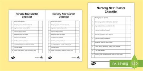 New To Nursery Checklist Early Years Induction Checklist
