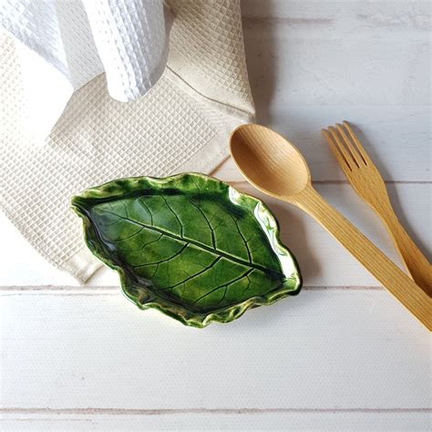 Ceramic Leaf Spoon Rest Handmade Kitchen Green Spoon Rest Etsy
