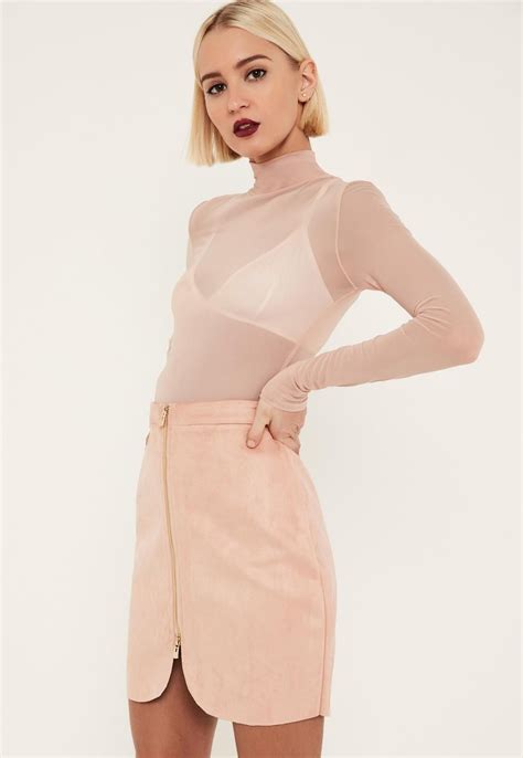 Missguided Pink Faux Suede Zip Through Curve Detail Mini Skirt
