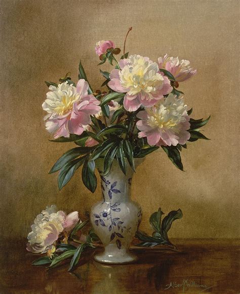 Peonies In A Blue And White Vase Painting By Albert Williams