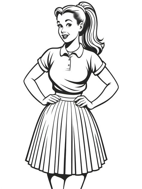 1950s Girl Coloring Page Retro Ponytailed Girl In Skirt Black And White