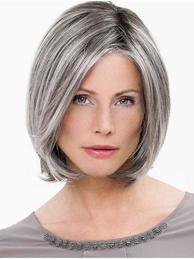 Straight Chin Length Grey Bobs Synthetic Mono Top Wigs