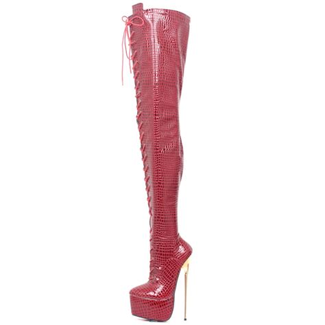 22cm ultra high gold metal thin heel sexy fetish over knee lace up platform thigh long boots