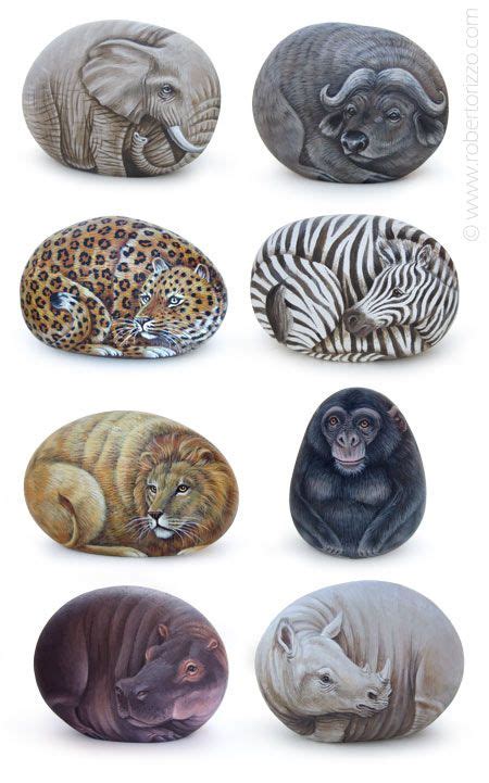 African Animals Acrylic On Rocks Cm 9 Original