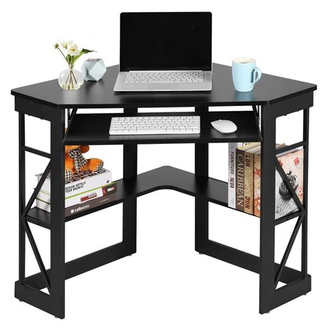 Vecelo Corner Computer Desk With Keyboard Tray And Storage Shelf