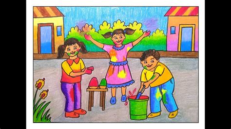 Happyholi How To Draw Holi Festival Scenery Drawing With Colour Holi