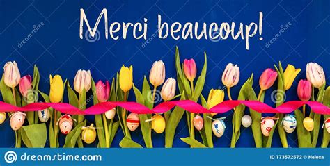 Banner With Colorful Tulip Merci Beaucoup Means Thank You Easter Egg