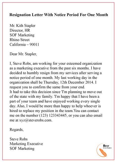 resignation letter  month sample    find  resignation