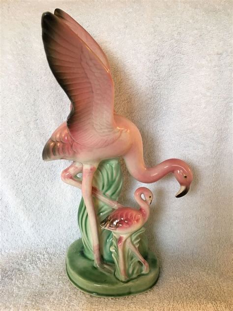 Huge 10 12 Vintage Double Flamingo Ceramic Figurine With Wings Up