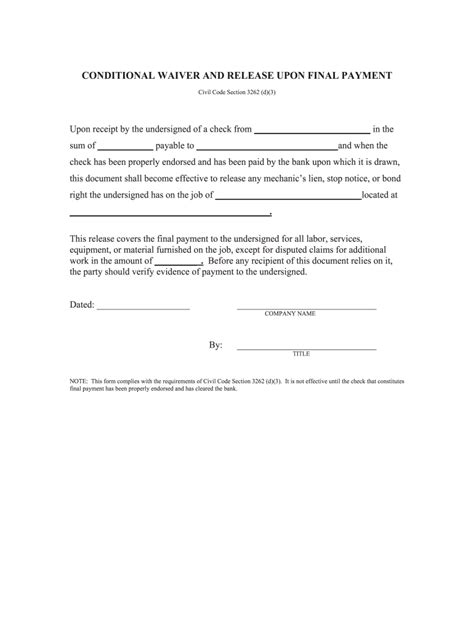Conditional Waiver And Release Upon Final Payment Fill And Sign