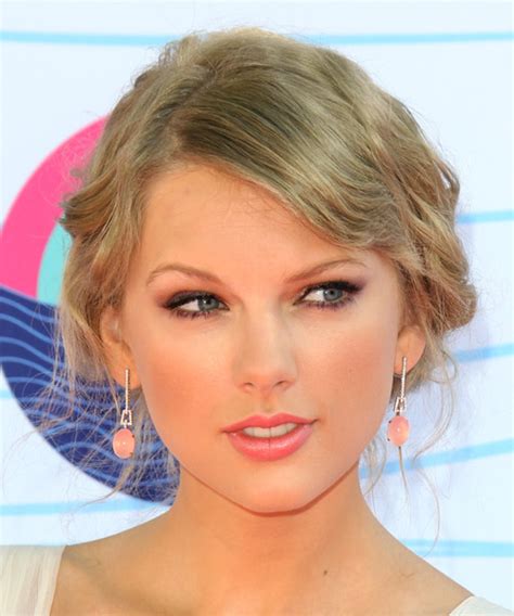 Taylor Swift Long Curly Casual Updo Hairstyle With Side Swept Bangs