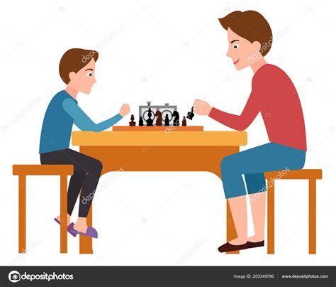 Familia jugndo juegos de mesa animado. Padre e Hijo Jugando Ajedrez Siéntate en la Mesa de Sillas ...