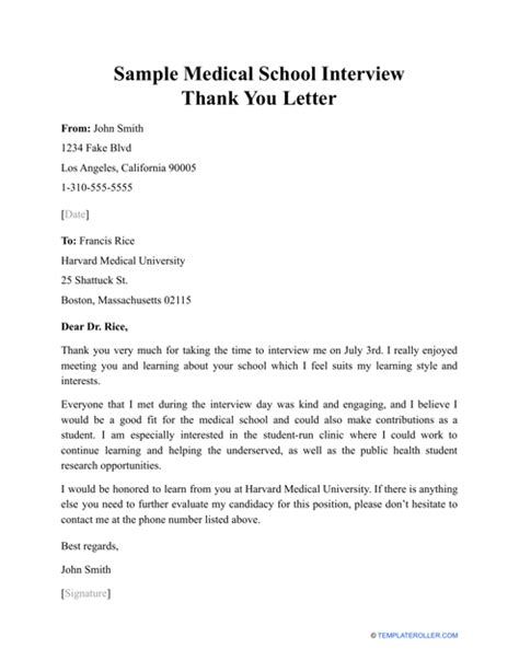 Sample Medical School Interview Thank You Letter Download Printable Pdf