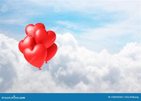3d Illustration Balloons Heart Floating On Sky With Cloud Stock