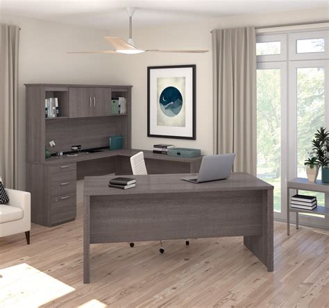 Bark Gray Premium U Shaped Desk With Hutch By Bestar