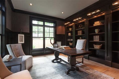 Black Paneled Office With Trestle Desk Transitional Denlibraryoffice