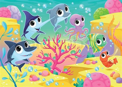 What is your favorite disney song to sing? Funny marine animals under the sea. Cartoon vector ...