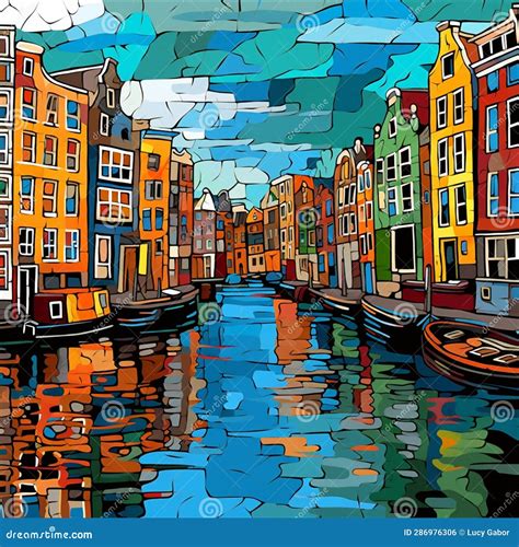 Amsterdam Canal With Colorful Dutch Houses In Netherlands Stock Illustration Illustration Of