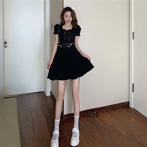 Black Aesthetic Lace Up Dress With Butterfly Chain Goth Aesthetic Shop